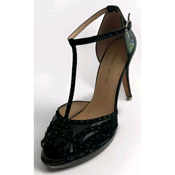 Antonio Melani T-Strap Heels Black Patent Leather Peep Toe Buckle Stud Size 7 M - Picture 1 of 7